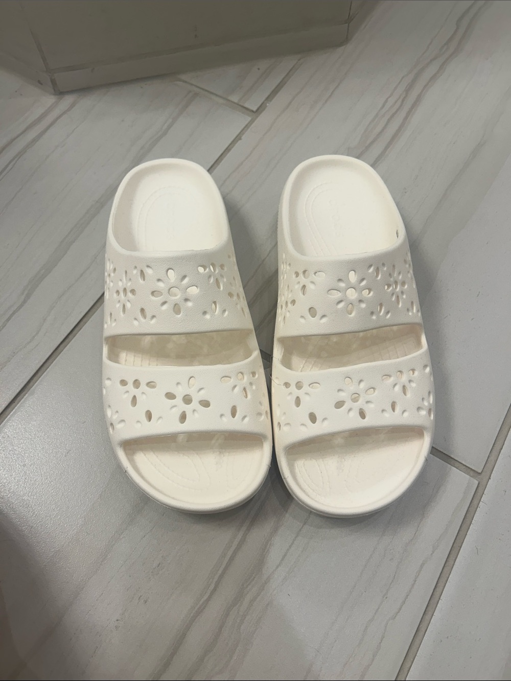 CROCS Women's White Double-Strap Floral Slide Sandals